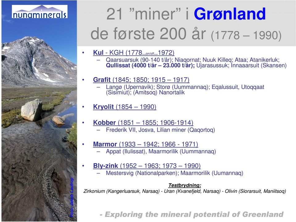 Kryolit (1854 1990) Kobber (1851 1855; 1906-1914) Frederik VII, Josva, Lilian miner (Qaqortoq) Marmor (1933 1942; 1966-1971) Appat (Ilulissat), Maarmorilik (Uummannaq)