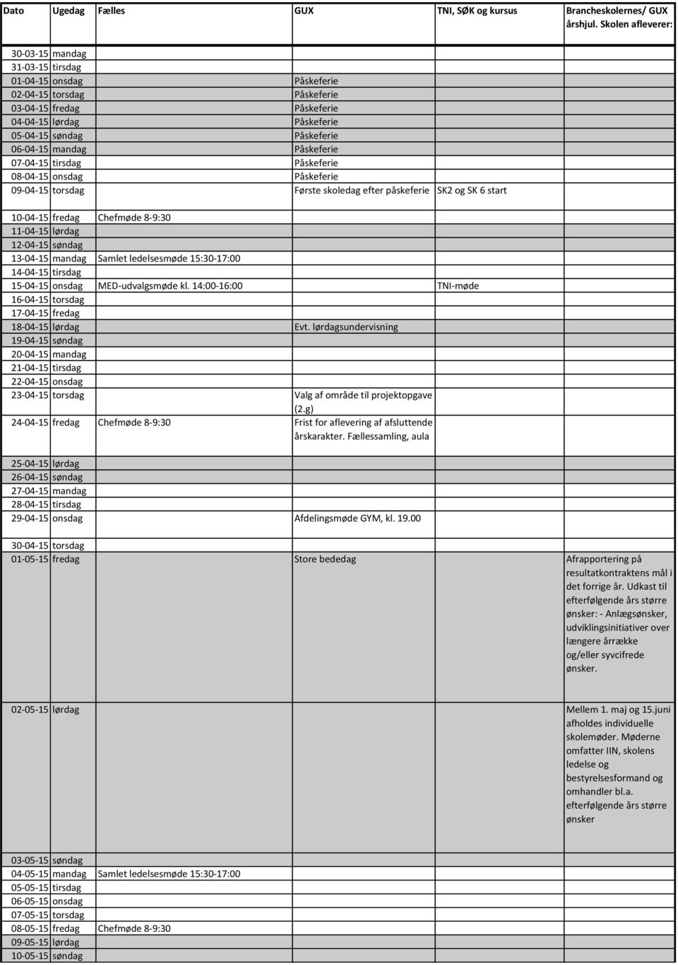 mandag Samlet ledelsesmøde 15:30-17:00 14-04-15 tirsdag 15-04-15 onsdag MED-udvalgsmøde kl. 14:00-16:00 TNI-møde 16-04-15 torsdag 17-04-15 fredag 18-04-15 lørdag Evt.