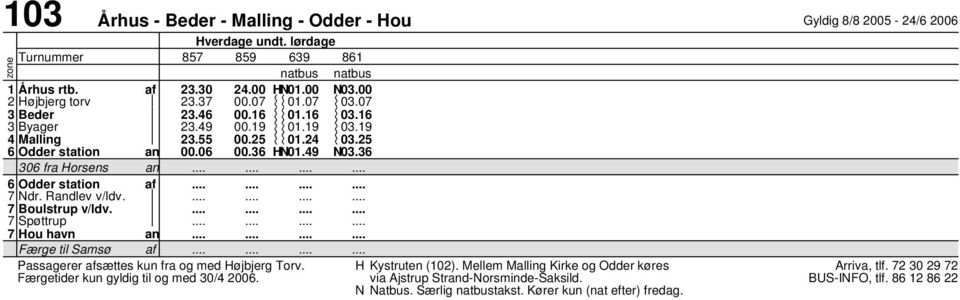 af 2 Højbjerg torv 3 Beer 6 Oer station an 306 fra Horsens an 6 Oer station af 7 Nr. Ranlev v/lv. 7 Boulstrup v/lv.