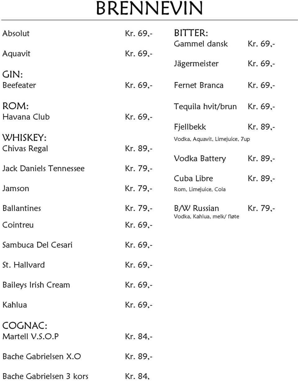 79,- Vodka, Aquavit, Limejuice, 7up Vodka Battery Kr. 89,- Cuba Libre Kr. 89,- Jamson Kr. 79,- Rom, Limejuice, Cola Ballantines Kr.