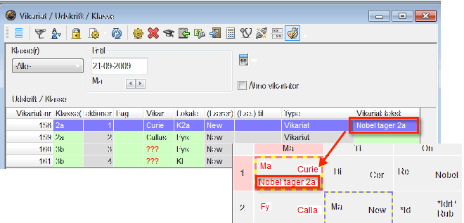 Vikariatdata output 9.2.2 109 Vikariattekst i skemaet Du kan tilføje en tekst til enhver lektion i det daglige skema. Gør som følger: 1. Åben <Indstillinger> i et klasseskema og derefter <Skemarude>.