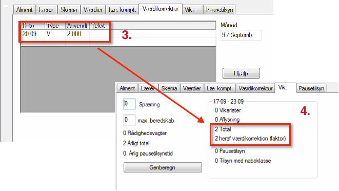 Vikariattæller 10.4 125 Værdikorrektur Du kan ændre totalen for vikariattælleren manuelt via værdikorrektur i vinduet "Stamdata Lærere". Eksempel: Værdikorrektur 1. 1. Åben filen demo.