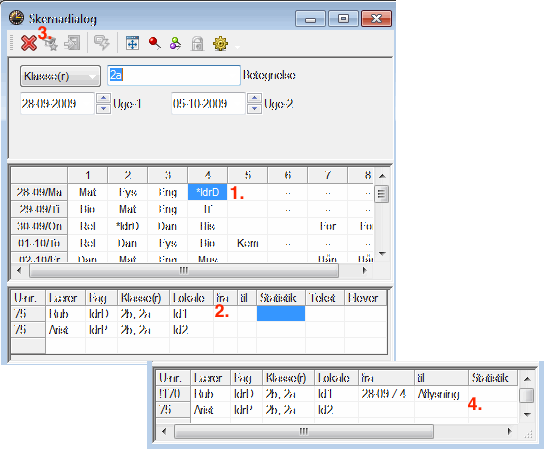 82 1. 1. Åben filen demo5.gpn og skemadialogen (højreklik skemadialog) og klik på Ma-4 for klasse 2a,2b i skemadialogen. 2. 2. Klik i detaljevinduet i rækken for lærer "Rub". 3.