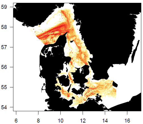 Figur 1. VMS og logbogsbaseret Fiskerintensitet (km 2 havbund påvirket årligt indenfor rektangler på ca. 1.9 km 2 ved 56 N) for bundslæbende redskaber, bortset fra muslingeskrabere, fra 2005 til 2010 i Skagerrak, Kattegat, Bælthavet, Øresund og den vestlige Østersø.