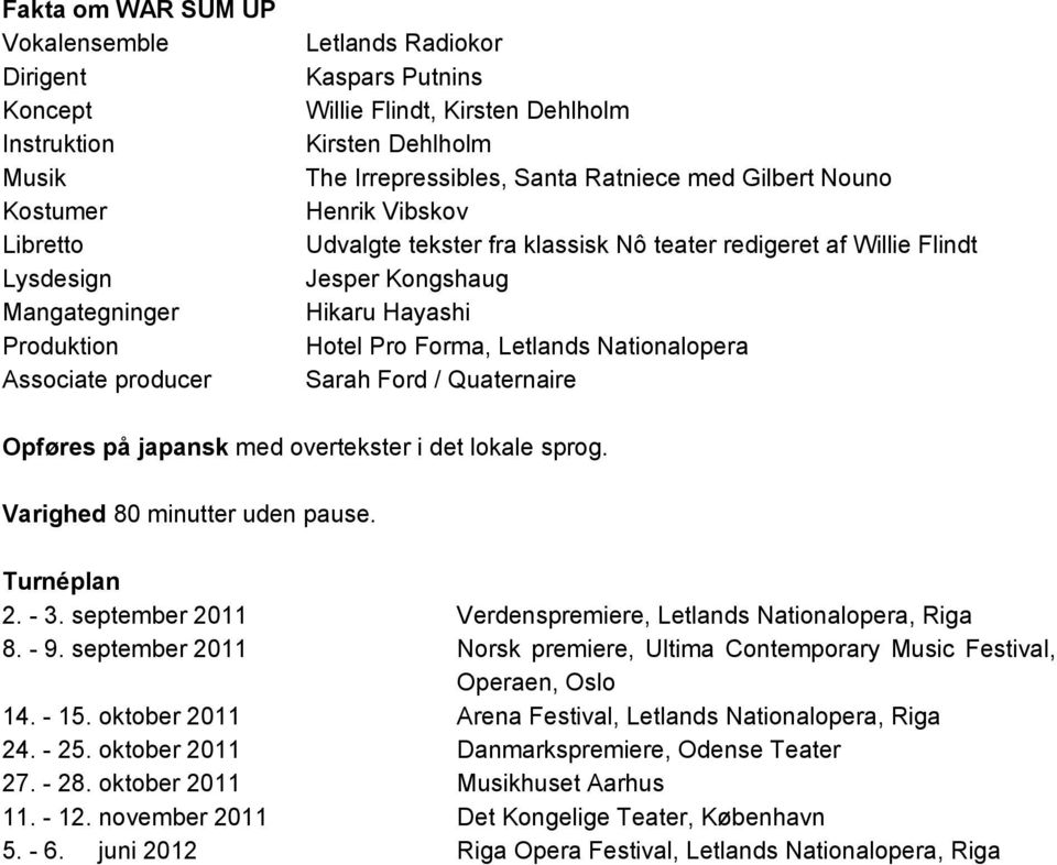 Pro Forma, Letlands Nationalopera Sarah Ford / Quaternaire Opføres på japansk med overtekster i det lokale sprog. Varighed 80 minutter uden pause. Turnéplan 2. - 3.