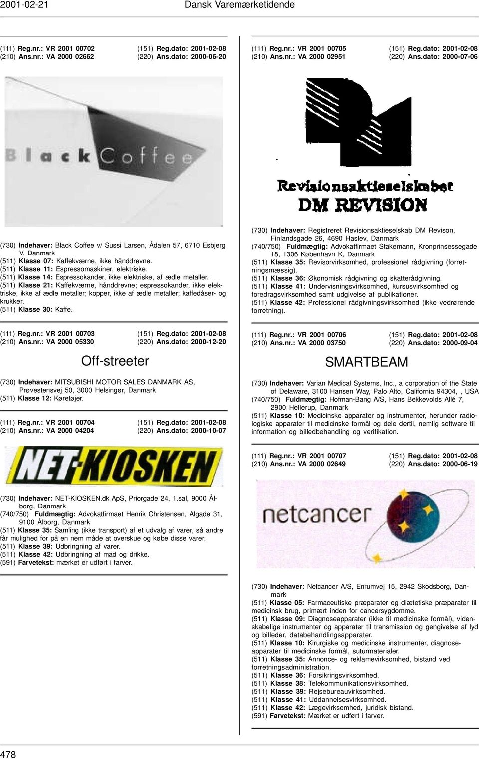 dato: 2000-07-06 (730) Indehaver: Black Coffee v/ Sussi Larsen, Ådalen 57, 6710 Esbjerg V, Danmark (511) Klasse 07: Kaffekværne, ikke hånddrevne. (511) Klasse 11: Espressomaskiner, elektriske.