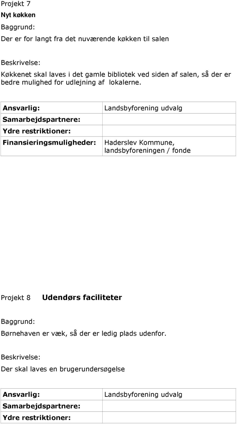 Ydre restriktioner: Landsbyforening udvalg Finansieringsmuligheder: Haderslev Kommune, landsbyforeningen / fonde