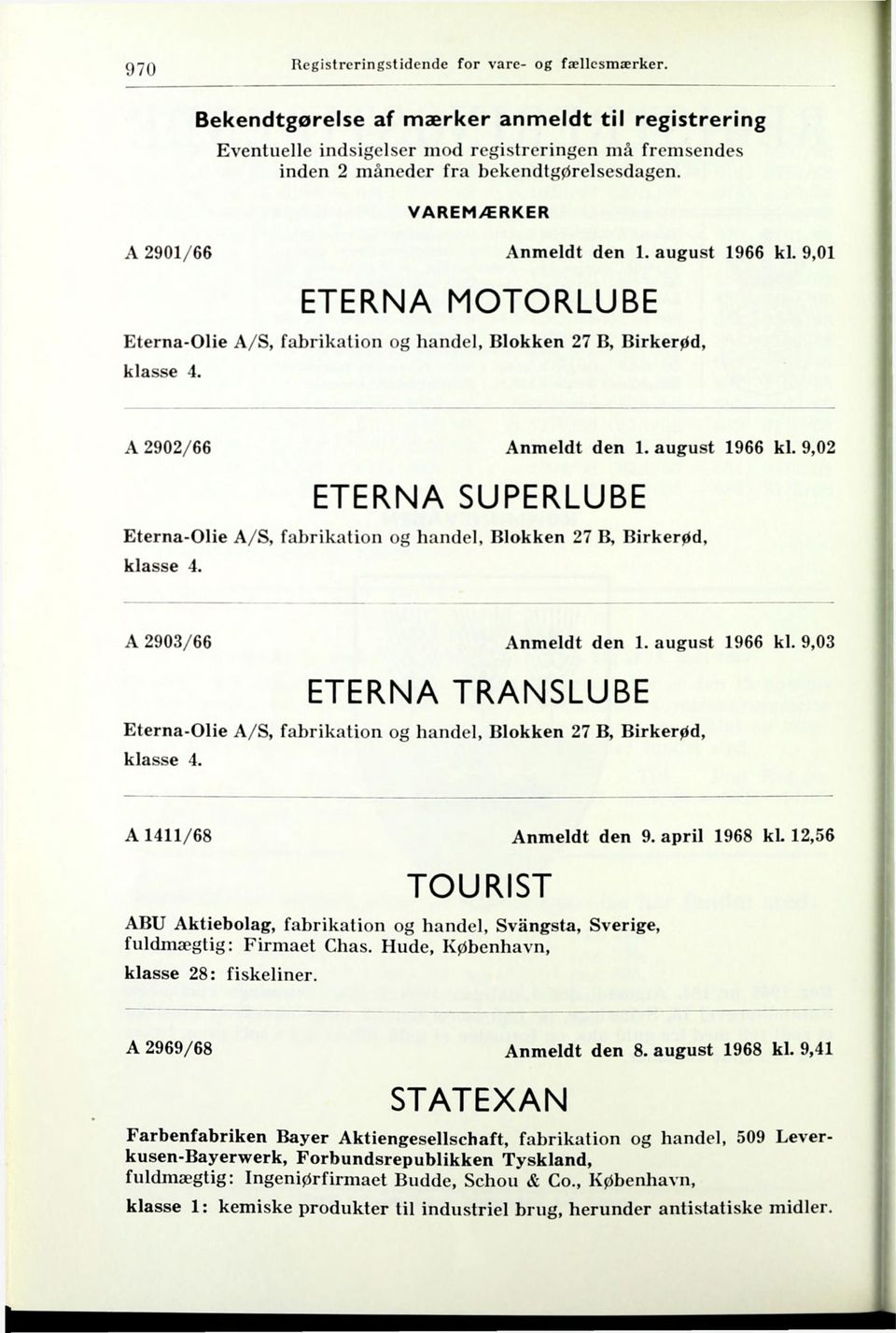 A 2903/66 Anmeldt den 1. august 1966 kl. 9,03 ETERNA TRANSLUBE Eterna-Olie A/S, fabrikation og handel. Blokken 27 B, Birkerød, klasse 4. A 1411/68 Anmeldt den 9. april 1968 kl.