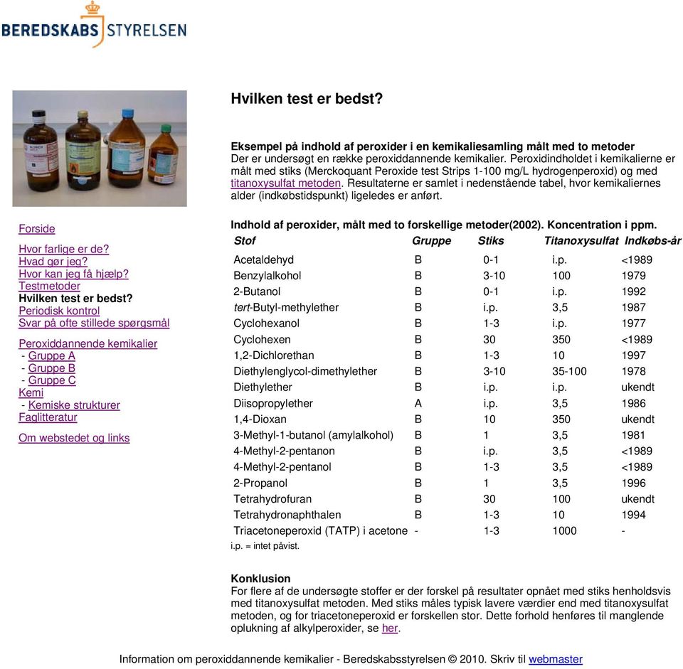 Resultaterne er samlet i nedenstående tabel, hvor kemikaliernes alder (indkøbstidspunkt) ligeledes er anført. - ske strukturer Indhold af peroxider, målt med to forskellige metoder(2002).