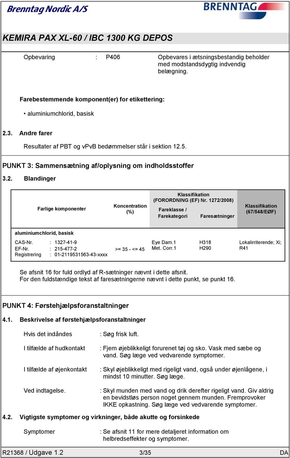 1272/2008) Fareklasse / Farekategori Faresætninger Klassifikation (67/548/EØF) aluminiumchlorid, basisk CAS-Nr. : 1327-41-9 EF-Nr.