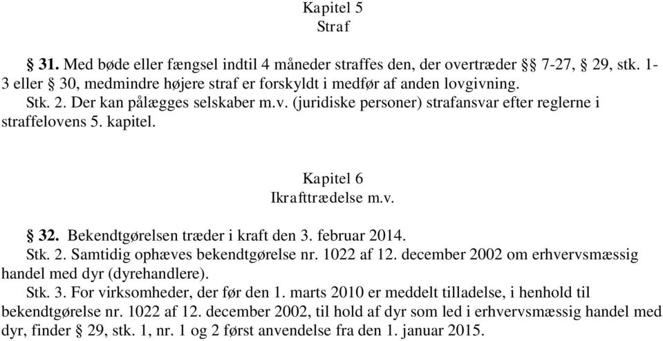 14. Stk. 2. Samtidig ophæves bekendtgørelse nr. 1022 af 12. december 2002 om erhvervsmæssig handel med dyr (dyrehandlere). Stk. 3. For virksomheder, der før den 1.