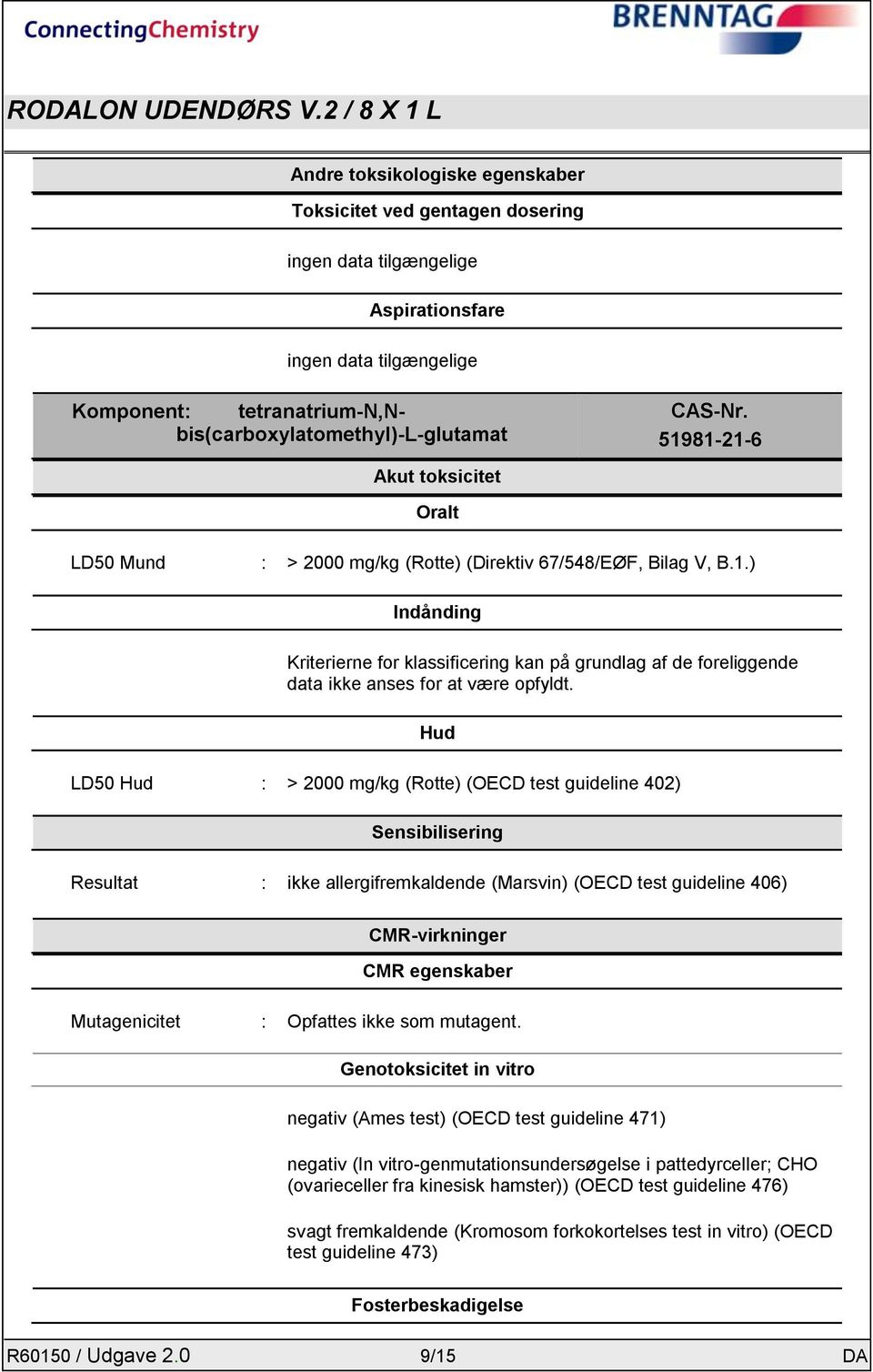 Hud LD50 Hud : > 2000 mg/kg (Rotte) (OECD test guideline 402) Sensibilisering Resultat : ikke allergifremkaldende (Marsvin) (OECD test guideline 406) CMR-virkninger CMR egenskaber Mutagenicitet :