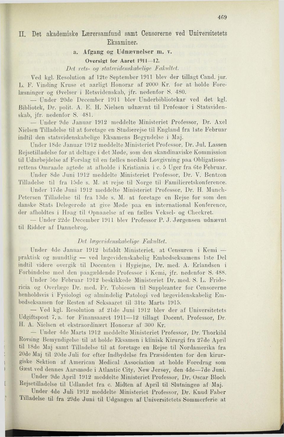 Under 20de December 1911 blev Underbibliotekar ved det kgl. Bibliotek, Dr. polit. A. E. H. Nielsen udnævnt til Professor i Statsvidenskab, jfr. nedenfor S. 481.