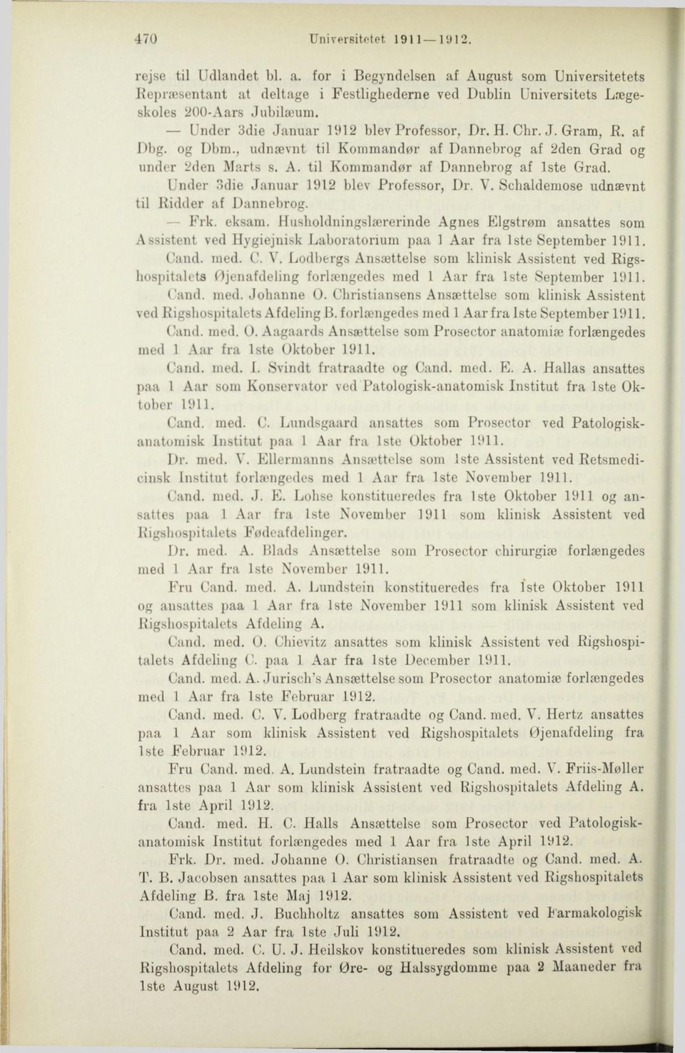 Under 3die Januar 1912 blev Professor, Dr. V. Schaldemose udnævnt til Ridder af Dannebrog. Frk. eksam.