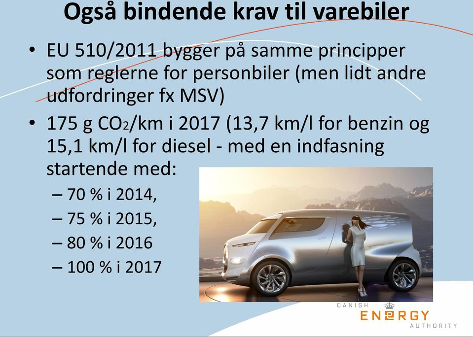 CO2/km i 2017 (13,7 km/l for benzin og 15,1 km/l for diesel - med en
