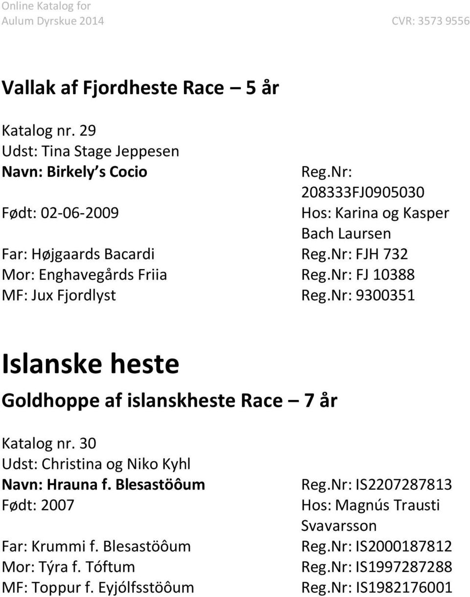 Bacardi FJH 732 Mor: Enghavegårds Friia FJ 10388 MF: Jux Fjordlyst 9300351 Islanske heste Goldhoppe af islanskheste Race 7 år Katalog