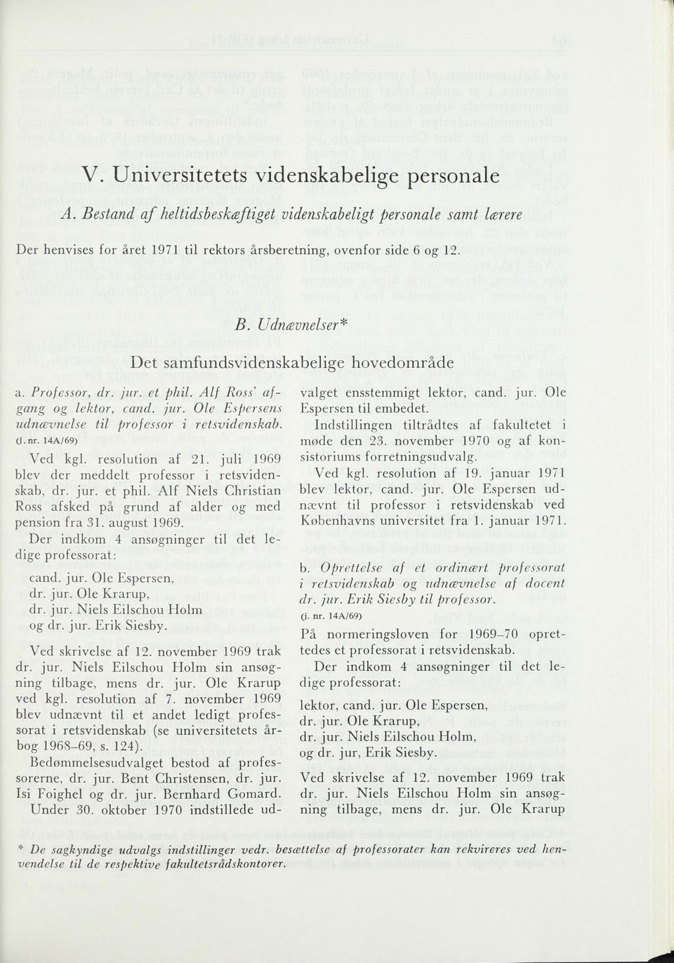 juli 1969 blev der meddelt professor i retsvidenskab, dr. jur. et phil. Alf Niels Christian Ross afsked på grund af alder og med pension fra 31. august 1969.