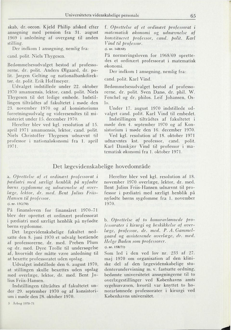 oktober 1970 amanuensis, lektor, cand. polit. Niels Thygesen til det ledige embede. Indstillingen tiltrådtes af fakultetet i møde den 23.