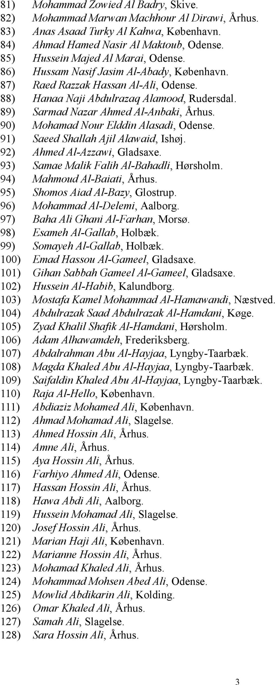 89) Sarmad Nazar Ahmed Al-Anbaki, Århus. 90) Mohamad Nour Elddin Alasadi, Odense. 91) Saeed Shallah Ajil Alawaid, Ishøj. 92) Ahmed Al-Azzawi, Gladsaxe. 93) Samae Malik Falih Al-Bahadli, Hørsholm.