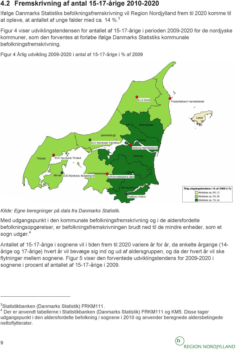 befolkningsfremskrivning. Figur 4 Årlig udvikling 2009-2020 i antal af 15-17-årige i % af 2009 Kilde: Egne beregninger på data fra Danmarks Statistik.