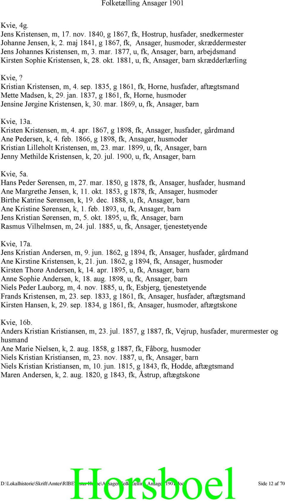 1835, g 1861, fk, Horne, husfader, aftægtsmand Mette Madsen, k, 29. jan. 1837, g 1861, fk, Horne, husmoder Jensine Jørgine Kristensen, k, 30. mar. 1869, u, fk, Ansager, barn Kvie, 13a.