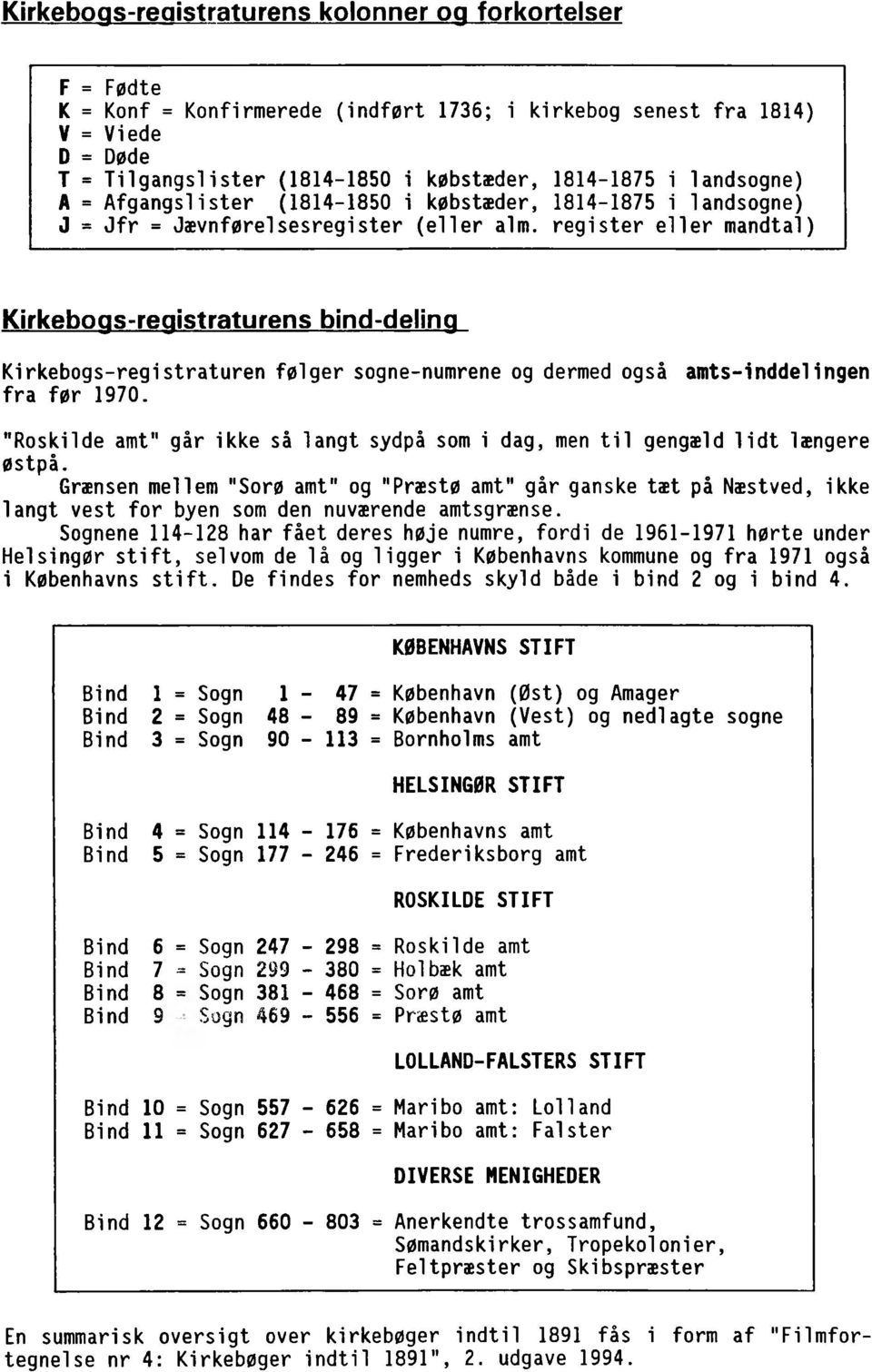 register eller mandtal) Kirkebogs-registraturens bind-deling Kirkebogs-registraturen følger sogne-numrene og dermed også amts-inddelingen fra før 1970.