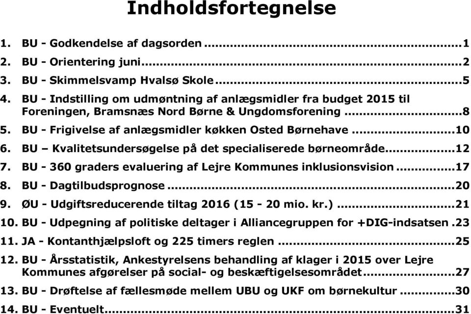 BU Kvalitetsundersøgelse på det specialiserede børneområde...12 7. BU - 360 graders evaluering af Lejre Kommunes inklusionsvision...17 8. BU - Dagtilbudsprognose...20 9.