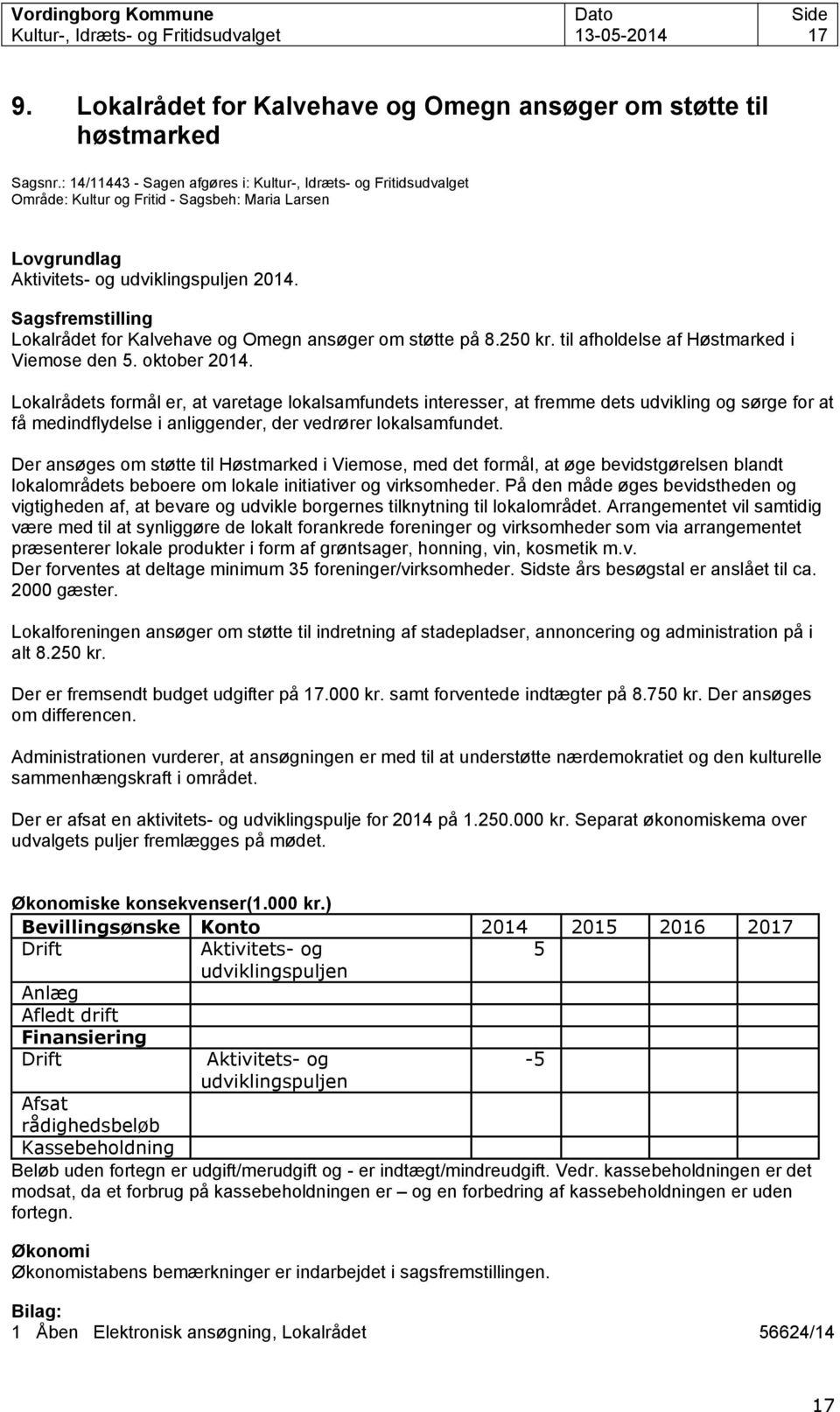 Sagsfremstilling Lokalrådet for Kalvehave og Omegn ansøger om støtte på 8.250 kr. til afholdelse af Høstmarked i Viemose den 5. oktober 2014.