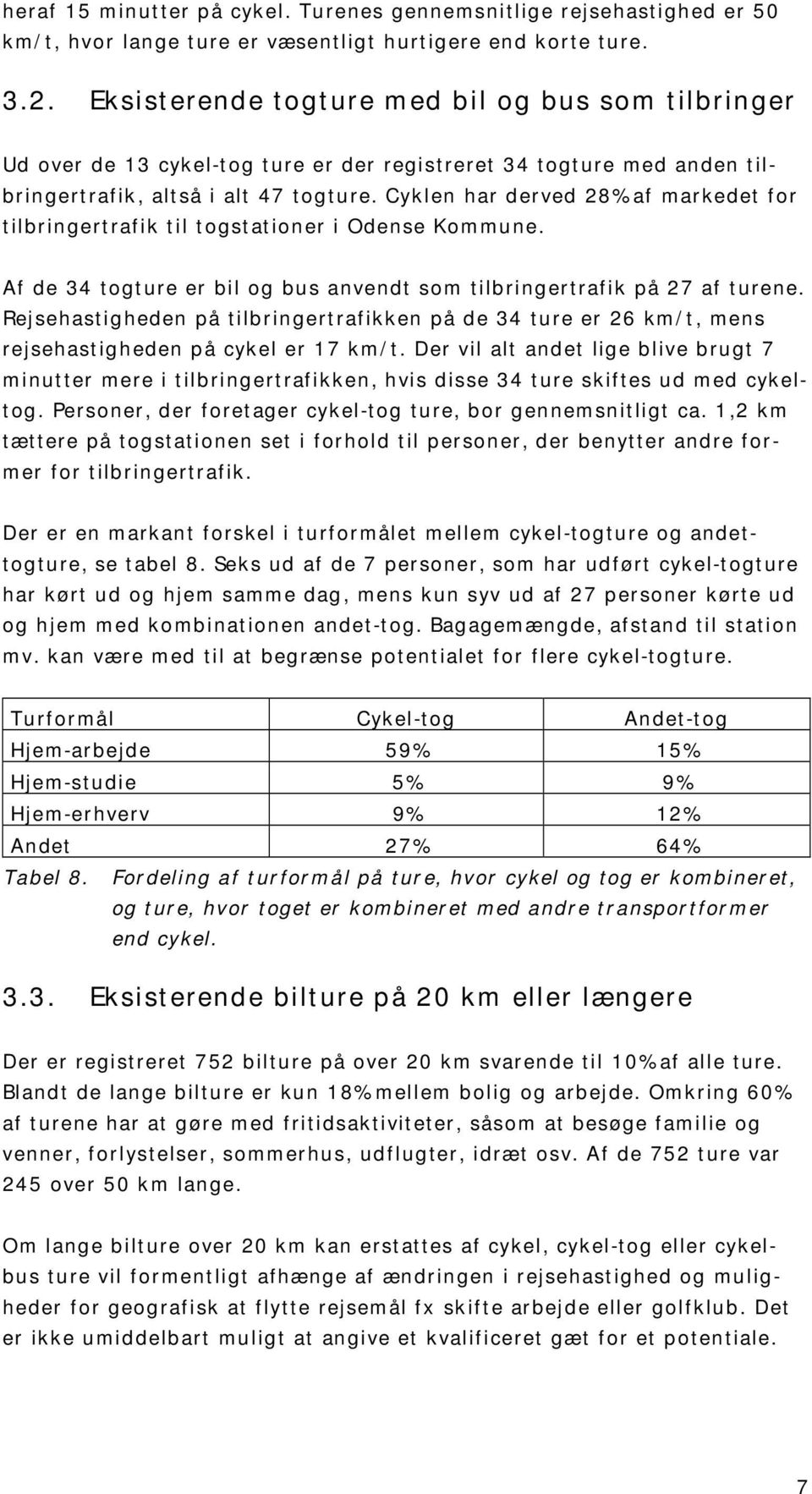 Cyklen har derved 28% af markedet for tilbringertrafik til togstationer i Odense Kommune. Af de 34 togture er bil og bus anvendt som tilbringertrafik på 27 af turene.