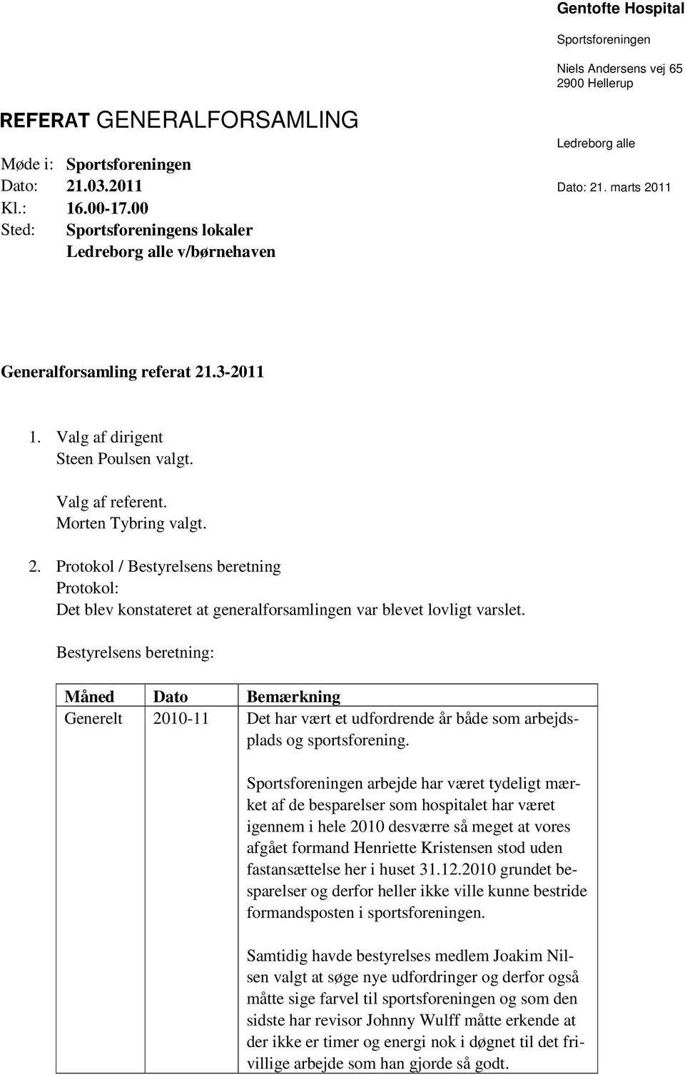Morten Tybring valgt. 2. Protokol / Bestyrelsens beretning Protokol: Det blev konstateret at generalforsamlingen var blevet lovligt varslet.