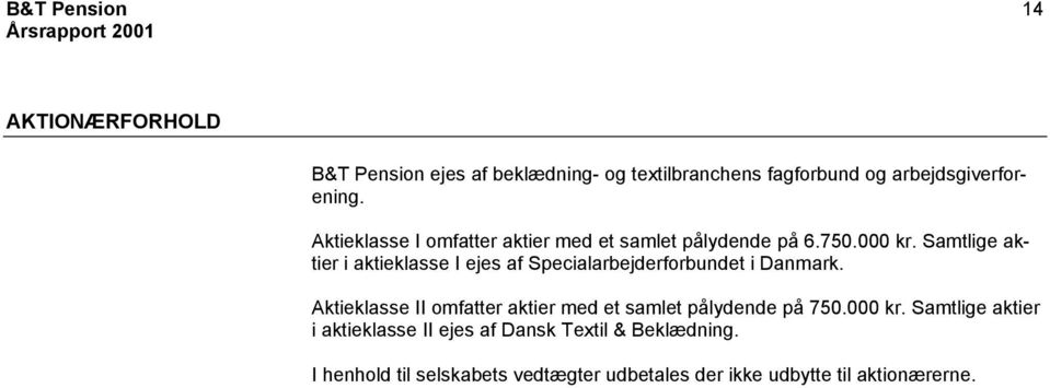 Samtlige aktier i aktieklasse I ejes af Specialarbejderforbundet i Danmark.