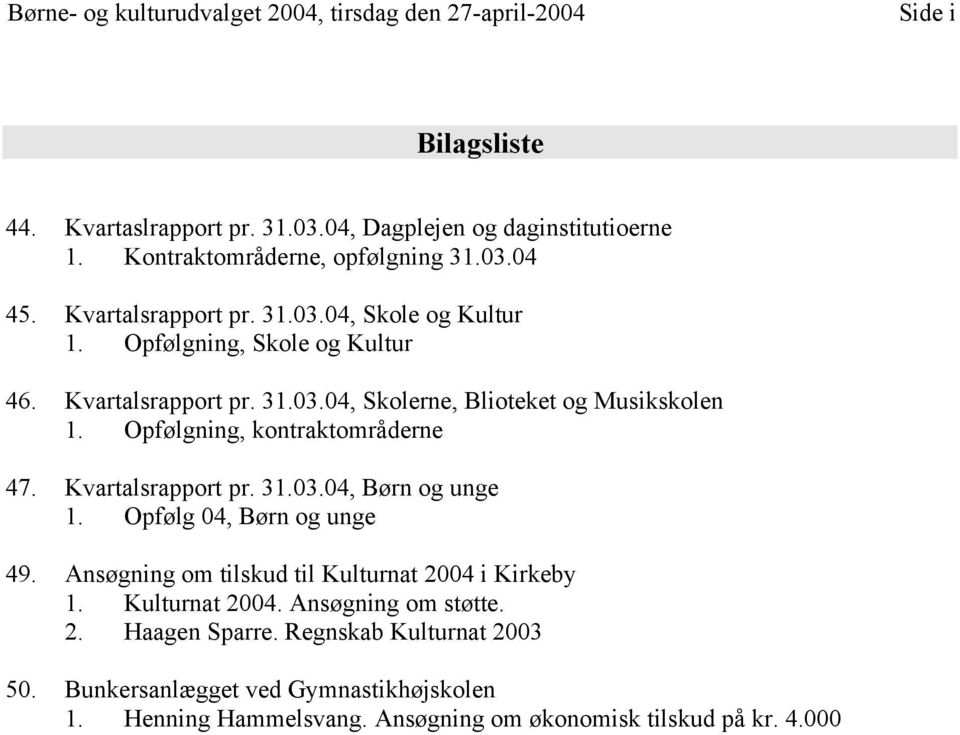 Opfølgning, kontraktområderne 47. Kvartalsrapport pr. 31.03.04, Børn og unge 1. Opfølg 04, Børn og unge 49. Ansøgning om tilskud til Kulturnat 2004 i Kirkeby 1.
