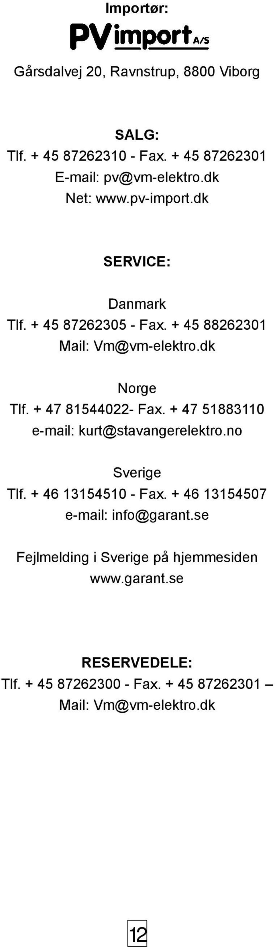 + 47 81544022- Fax. + 47 51883110 e-mail: kurt@stavangerelektro.no Sverige Tlf. + 46 13154510 - Fax.