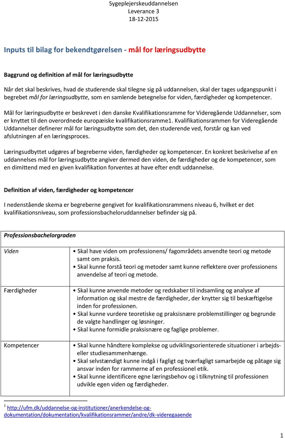 Mål for læringsudbytte er beskrevet i den danske Kvalifikationsramme for Videregående Uddannelser, som er knyttet til den overordnede europæiske kvalifikationsramme1.