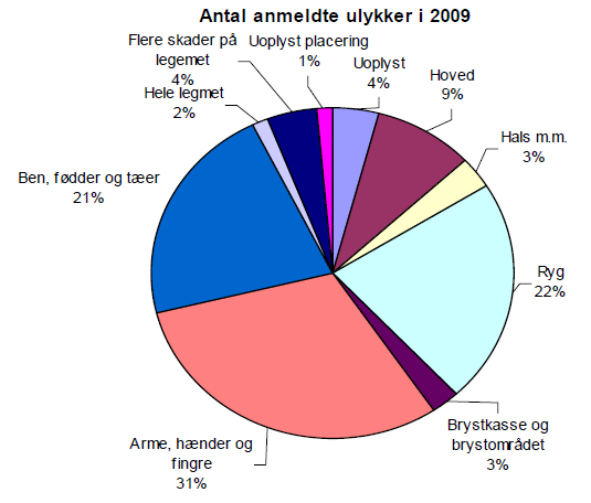 Figur 4: Antal anmeldte ulykker i 2009. Det kan her ses, at 22 % af disse ulykker er rygrelaterede.