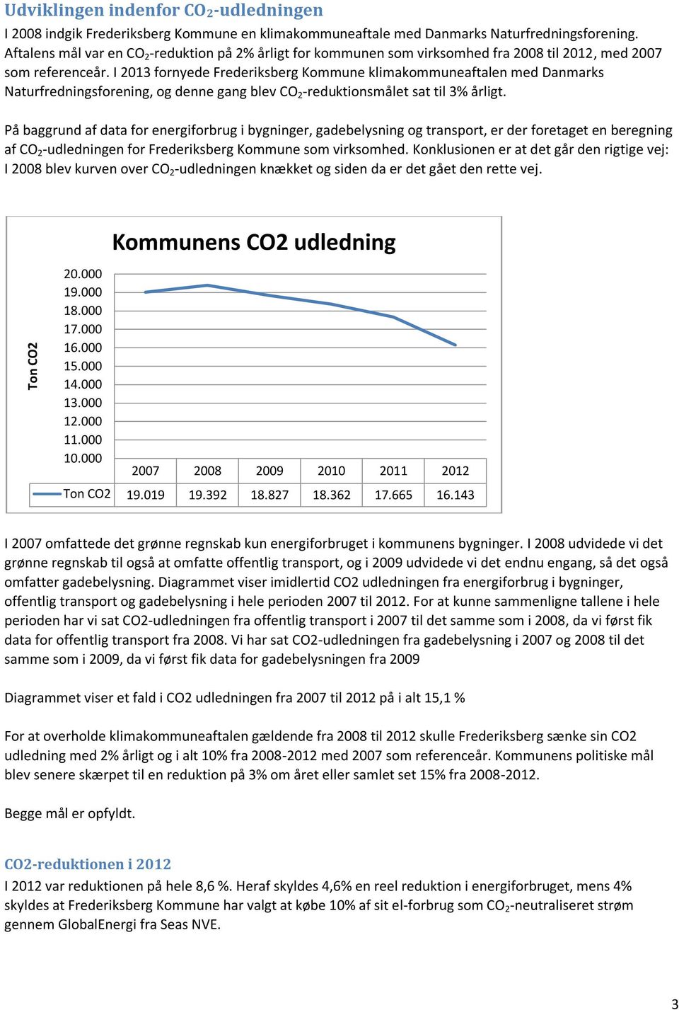 I 213 fornyede Frederiksberg Kommune klimakommuneaftalen med Danmarks Naturfredningsforening, og denne gang blev CO 2 -reduktionsmålet sat til 3% årligt.