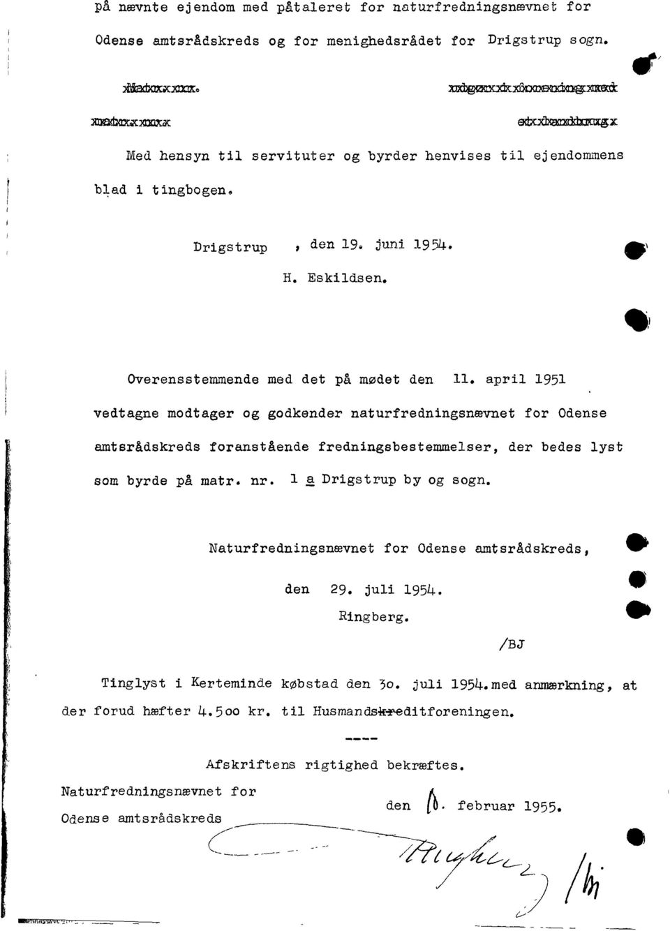 april 1951 vedtagne modtager og godkender naturfredningsnævnet for Odense amtsrådskreds foranstående fredningsbestemmelser, der bedes lyst som byrde på matr. nr. l ~ Drigstrup by og sogn.