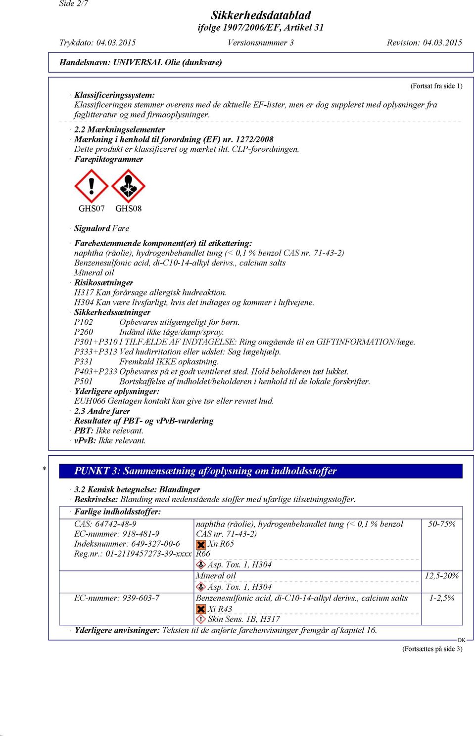 Farepiktogrammer GHS07 GHS08 Signalord Fare Farebestemmende komponent(er) til etikettering: naphtha (råolie), hydrogenbehandlet tung (< 0,1 % benzol CAS nr.