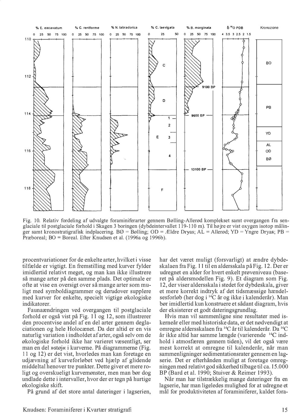 Relativ fordeling af udvalgte foraminiferarter gennem Bølling-Allerød komplekset samt overgangen fra senglaciale til postglaciale forhold i Skagen 3 boringen (dybdeintervallet 119-110 m).