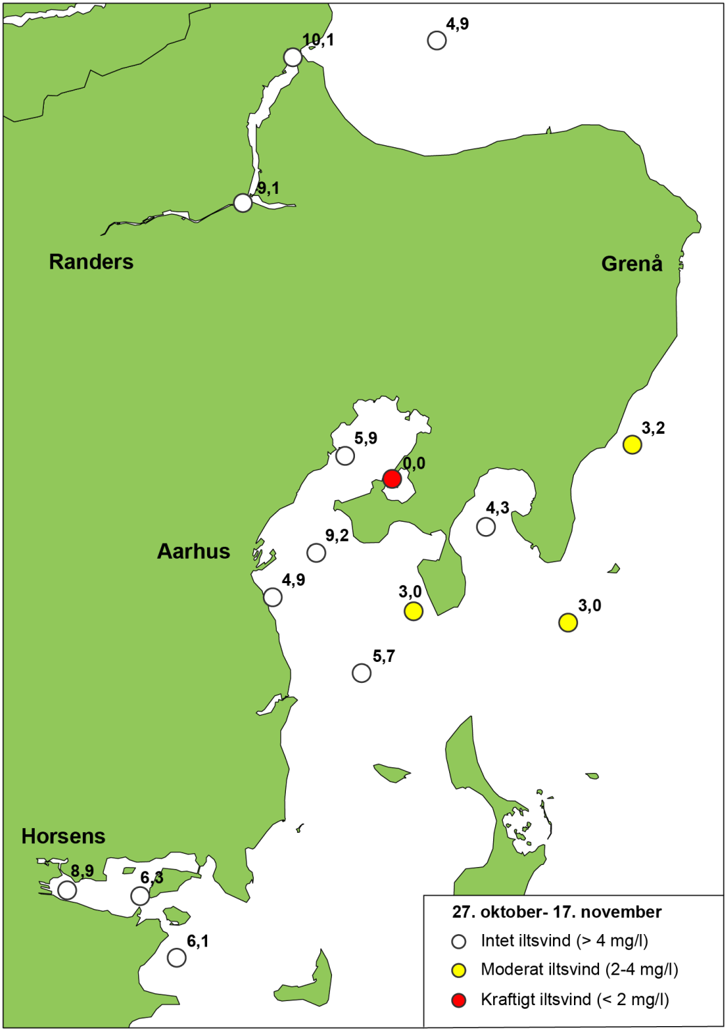Figur 7. Stationer i området fra Randers Fjord til Horsens Fjord, hvor iltforholdene er undersøgt i rapporteringsperioden.