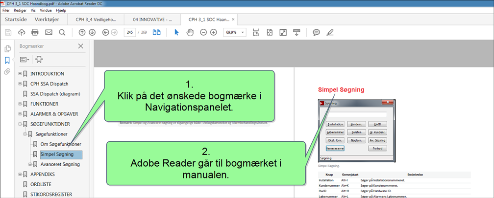 Brug funktionen "Søg" (i Adobe Reader) I Adobe Reader kan man søge efter tekst i dokumentet. Klik på forstørrelsesglasset på værktøjslinjen øverst i vinduet.