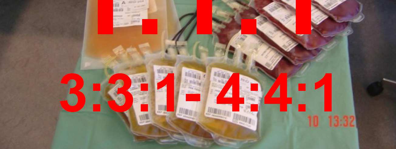 Ved pågående blødning hos voksne behandles, indtil hæmostase opnås efter cirka 12 erytrocyttransfusioner og seks FFP transfusioner med trombocytter i forholdet: 12 RBC, then Platelets 1 : FFP 5 : RBC