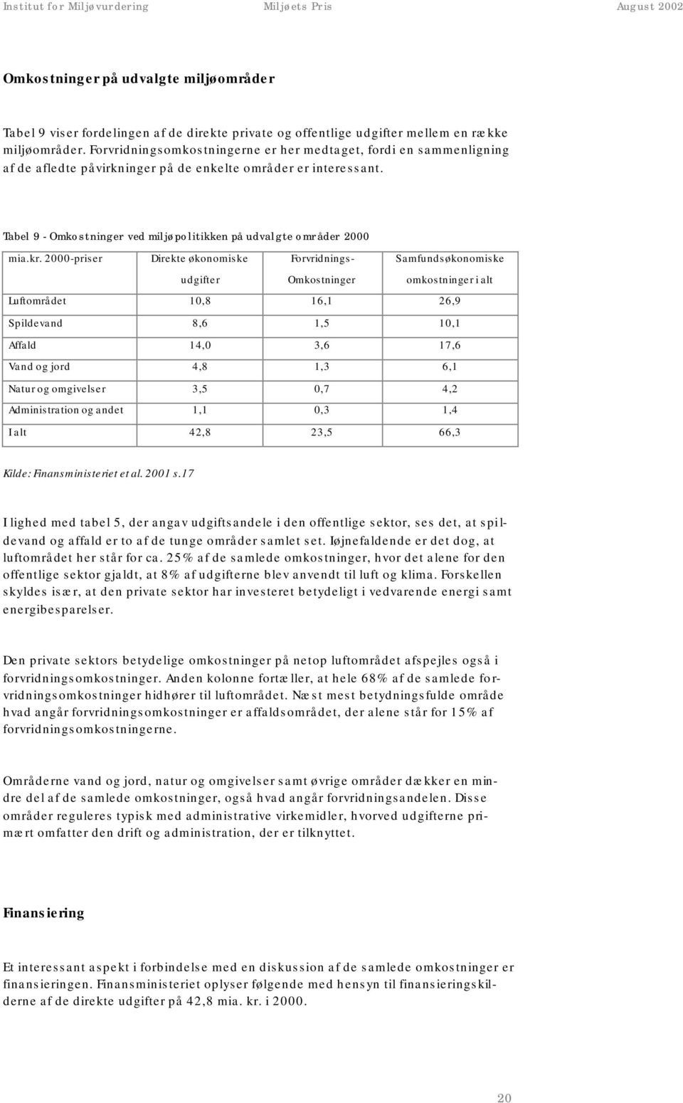 Tabel 9 - Omkostninger ved miljøpolitikken på udvalgte områder 2000 mia.kr.