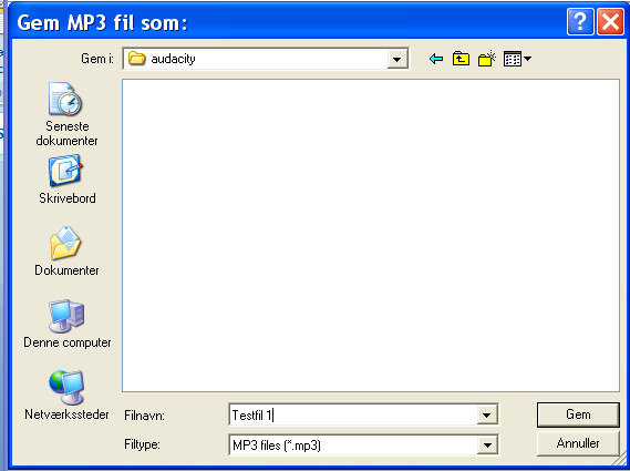 Gem og eksportér i MP3-format 22. Når du er tilfreds med optagelsen, gemmer du den. Klik på Fil i menuen foroven og vælg Eksportér som MP3. (Du kan også gemme f.eks. i WAVformat, men så fylder filen ca.