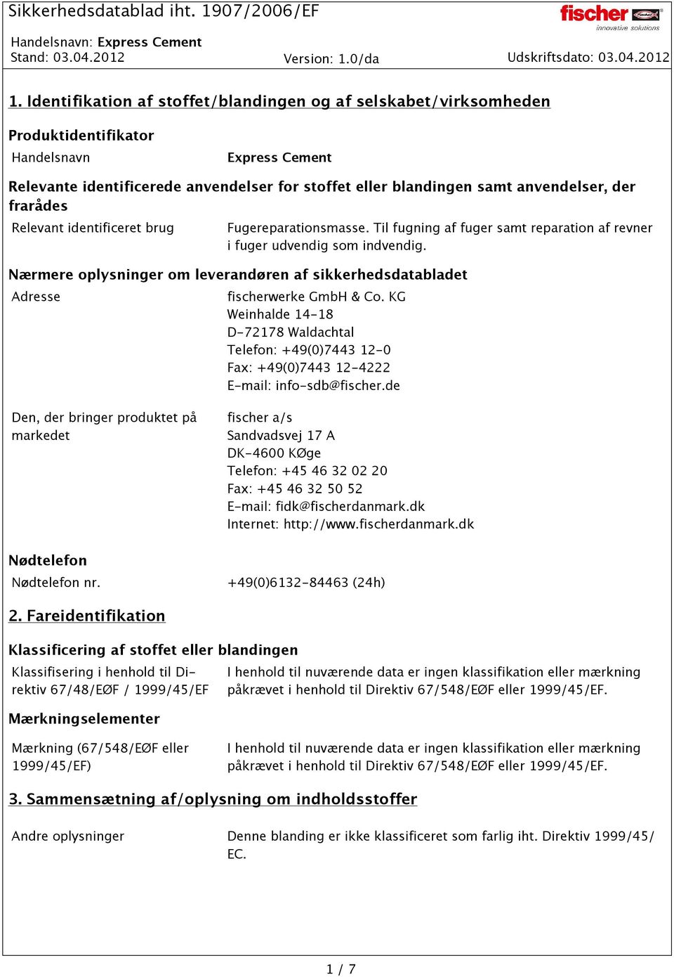 Nærmere oplysninger om leverandøren af sikkerhedsdatabladet Adresse fischerwerke GmbH & Co.