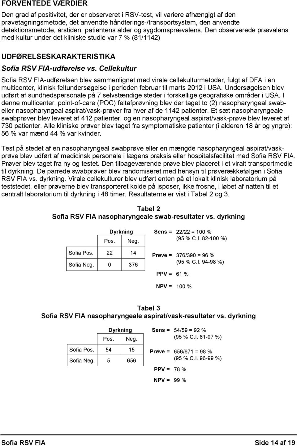 Cellekultur Sofia RSV FIA-udførelsen blev sammenlignet med virale cellekulturmetoder, fulgt af DFA i en multicenter, klinisk feltundersøgelse i perioden februar til marts 2012 i USA.