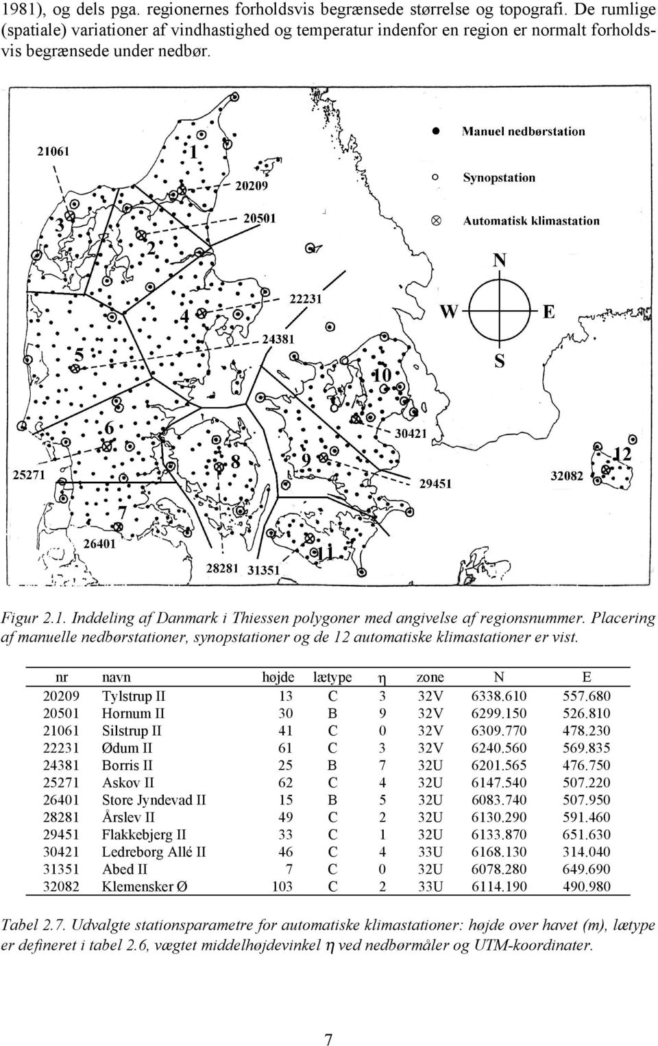 Inddeling af Danmark i Thiessen polygoner med angivelse af regionsnummer. Placering af manuelle nedbørstationer, synopstationer og de 12 automatiske klimastationer er vist.