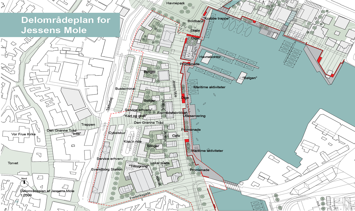 Placering Med rødt er på kort 1 (ortofotokort) vist det kommunalt ejede areal på 4095 m2, hvor arealet af Fremtidsfabrikken er fratrukket. En del af arealet på 4095 m2 omfatter også vejarealet (på ca.