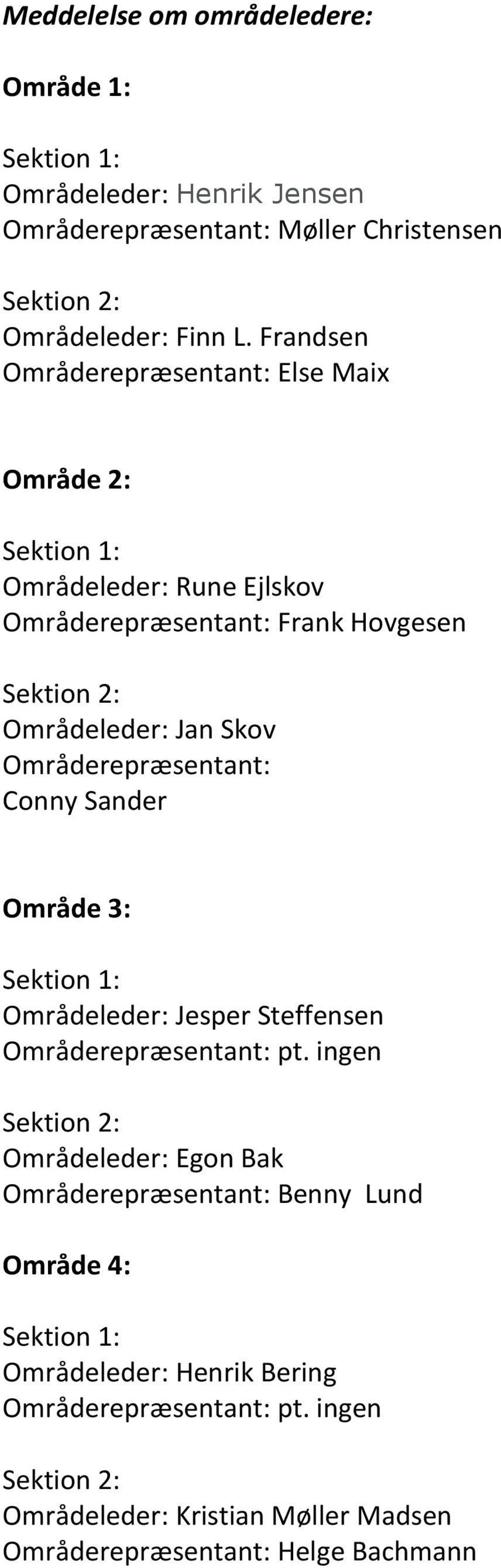 Områderepræsentant: Conny Sander Område 3: Områdeleder: Jesper Steffensen Områderepræsentant: pt.