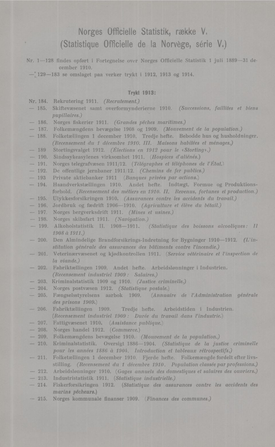 (Successions, faillites et biens pupillaires.) 186. Norges fiskerier 1911. (Grandes pêches maritimes) - 187. Folkemængdens bevægelse 1908 og 1909. (Mouvement de la population.) 188.